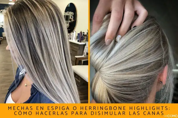 Pelo rubio con mechas plateadas y oscuras, creando un efecto de pelo con canas y mechas que disimula las canas.