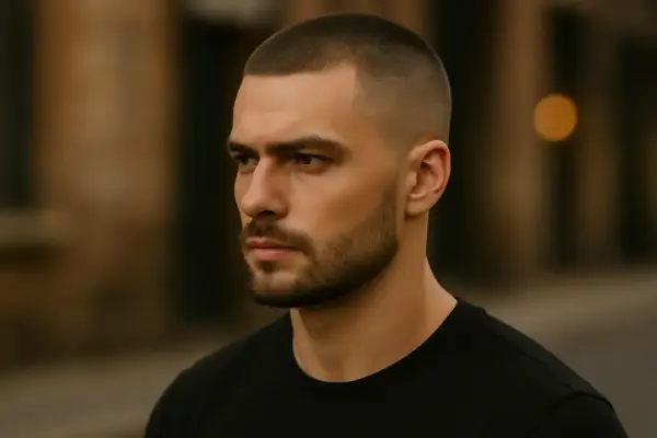 Hombre con un corte de pelo buzz cut y barba cuidada, mirando a lo lejos con expresión seria.